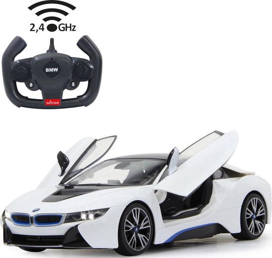 Coche teledirigido Jamara BMW i8 1:14 blanco, 2,4 GHz, con apertura de puertas