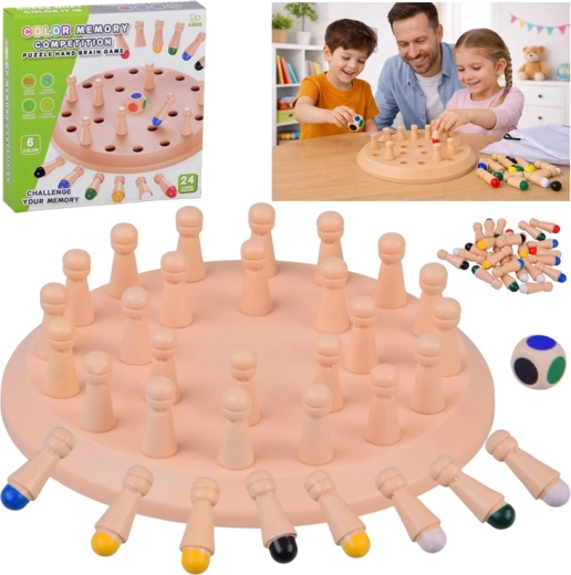 Juego de memoria de madera de colores con dado y clavijas