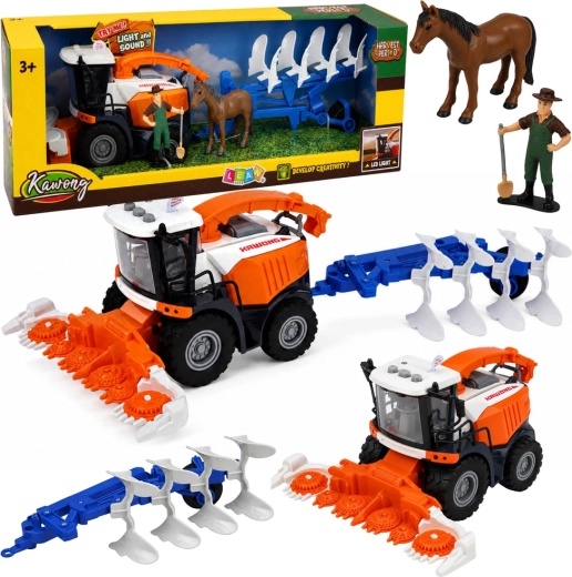 Cosechadora infantil con cabezal y arado: granjero y caballo, luces y sonidos (4 piezas)