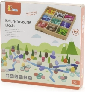 Cubos educativos de madera Montessori Viga Tesoros naturales, 141 piezas