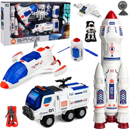 Gran set espacial: estación, cohete, transbordador, vehículo de exploración y astronautas