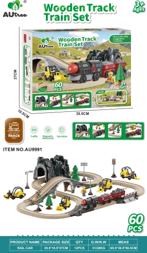 Circuito de tren de madera con vehículos de construcción, 60 piezas