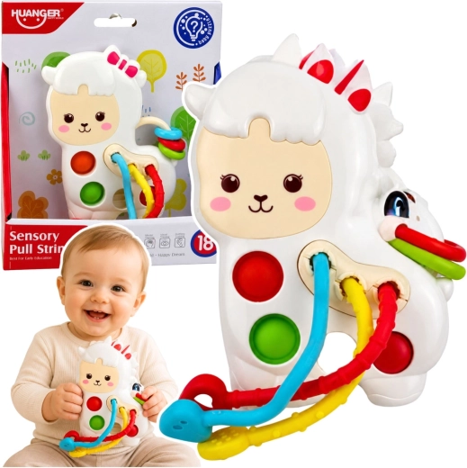 Juguete sensorial para bebés – llama con cordones para estirar y botones pop-it