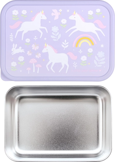 A Little Lovely Company caja de almuerzo de acero inoxidable con tapa de plástico unicornios y arcoíris