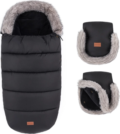 Petite&Mars set de invierno: saco Comfy 4v1 y manoplas para cochecito Furry forever black