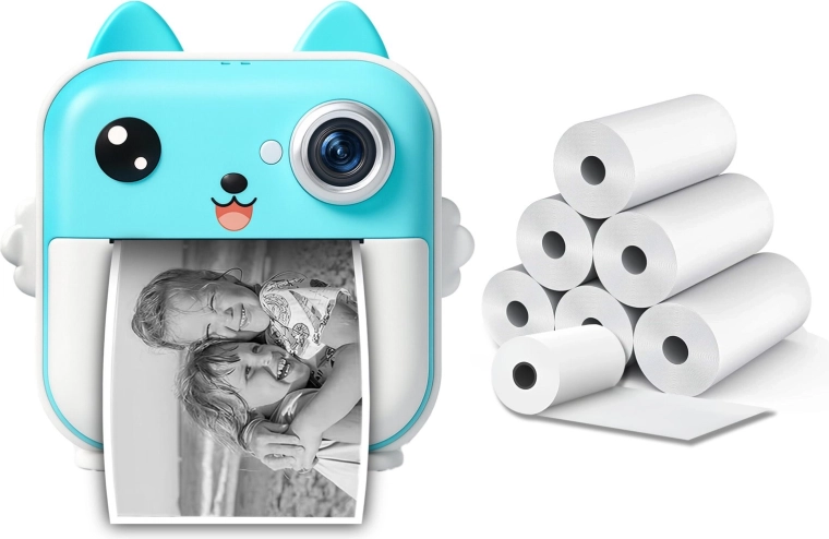 Cámara infantil con impresión térmica instantánea y 6 rollos de papel – azul