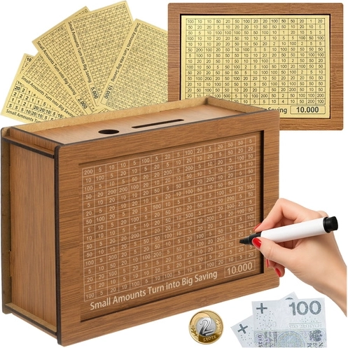 Hucha de ahorro de madera con reto de 10 000 RUHHY