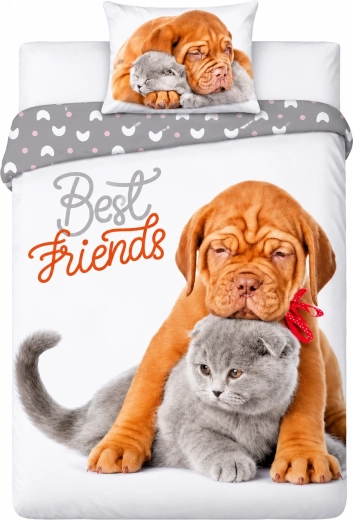 Ropa de cama de algodón Best Friends con perrito y gatita, blanca y gris, 140 × 200 cm