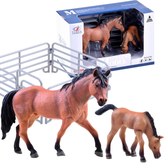 Set de figuras de caballo y potro con cercado – Marrón – cercado modular