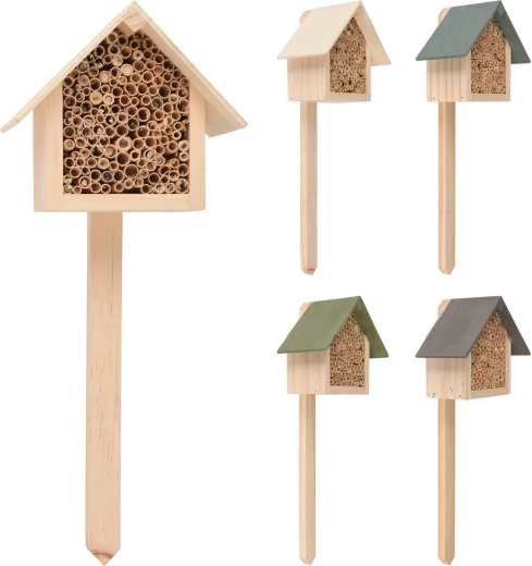 Hotel para insectos de madera con varilla de 29 cm, mezcla de colores 11,5 × 10 × 6,5 cm