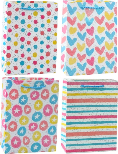 Bolsa de regalo colorida: corazones, estrellitas, lunares, rayas
