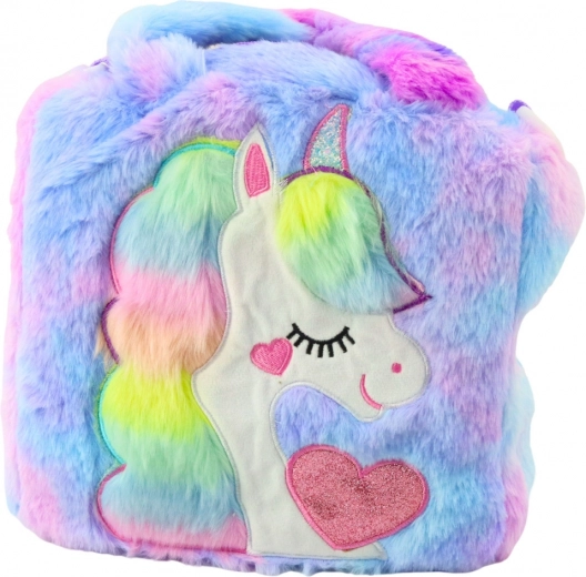 Bolso de peluche colorido con unicornio