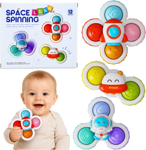 Spinners sensoriales con ventosa para bebés – motivo espacial, set de 3 unidades