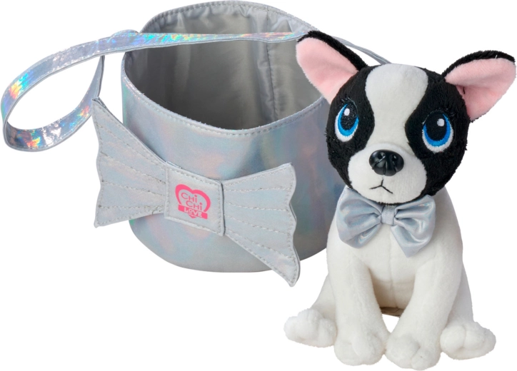 Chi Chi Love Shimmer peluche perrito blanco y negro en bolso