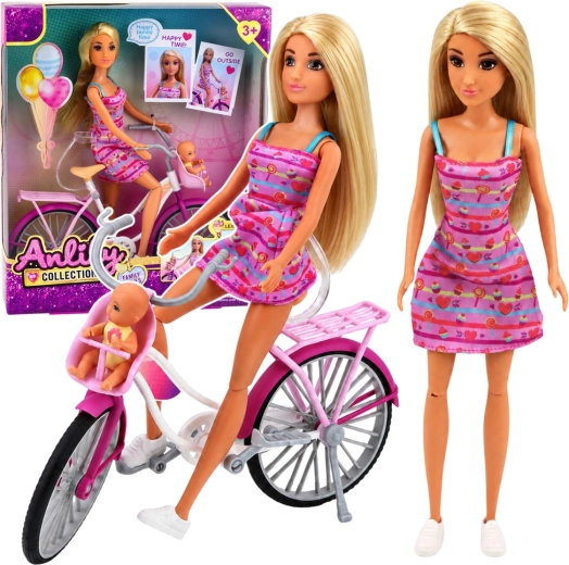 Muñeca Anlily con vestido rosa con bicicleta, asiento infantil y bebé