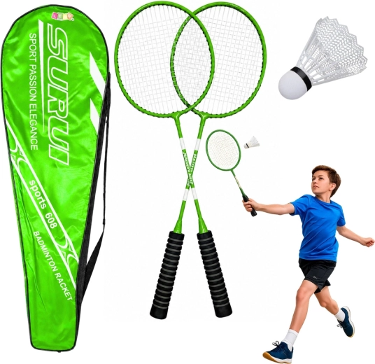 Set de bádminton verde con 2 raquetas, volante y funda