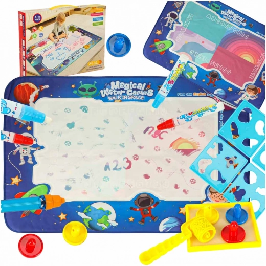 Alfombrilla de pintura con agua con motivos espaciales y herramientas creativas para niños