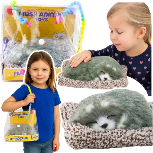 Husky dormido en una almohada con pelaje suave y sonidos, bolsa de transporte