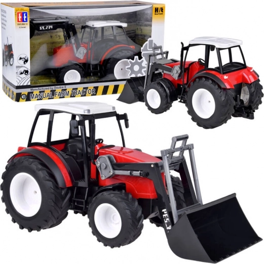 Gran tractor rojo con brazo móvil y ruedas grandes
