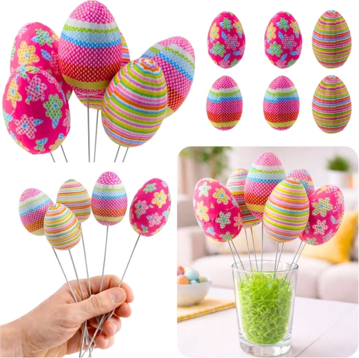 Huevos decorativos de Pascua en alambre con lunares, rayas y flores - 6 uds.