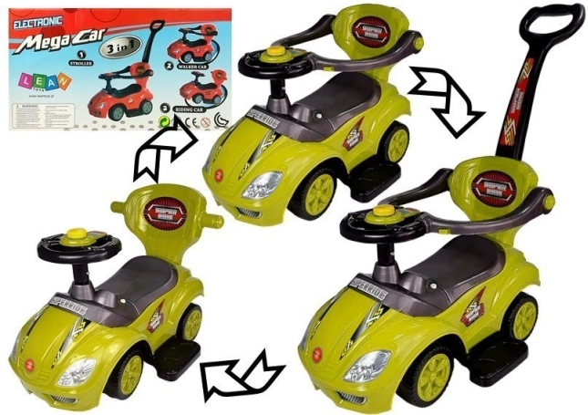 Correpasillos con barra guía Mega Car 3 en 1 – amarillo