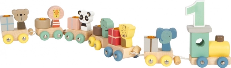 Small Foot tren de cumpleaños de madera con animales y números