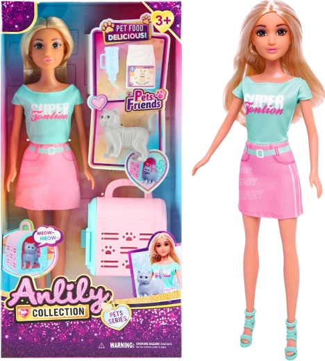 Muñeca con caja de transporte y gatita