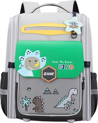 Mochila escolar con motivo de dinosaurios con correa de pecho gris verdosa 21L