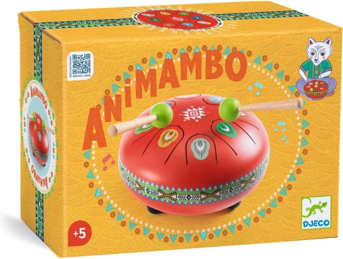 Djeco Animambo tambor de lengüetas rojo con partituras