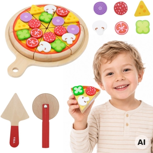 Viga set de pizza de madera para cortar y servir para niños, 27 piezas, 18m+