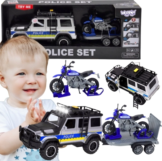Woopie coche todoterreno policial con remolque y motocicleta