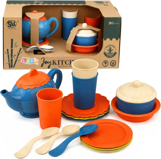 Juego de té infantil de vajilla con fibras de bambú, 15 piezas, azul-naranja