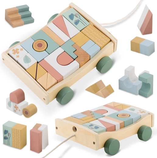 Carrito de madera con bloques para tirar NUKIDO