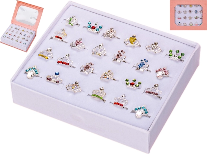 Set de anillos para niña con coronas en caja con forma de corazón, 24 uds.