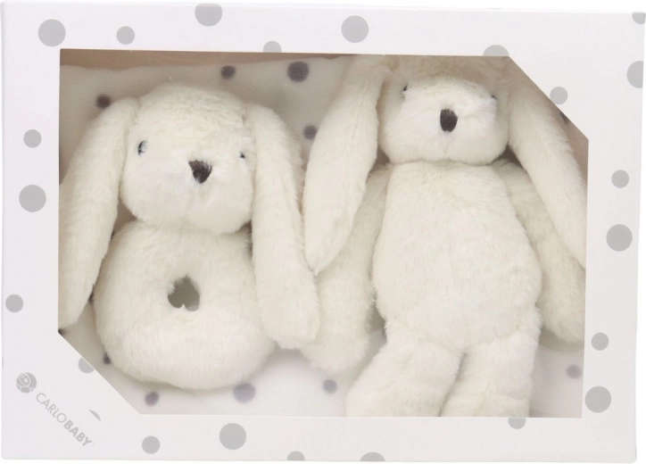 Set de regalo Carlo Baby para bebé con conejito, sonajero y manta, blanco