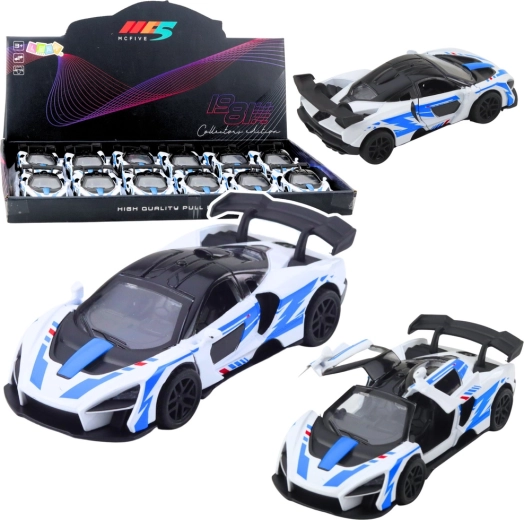 Coche deportivo de carreras metálico 1:32 con tracción pull-back y puertas abatibles – blanco