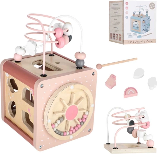 Cubo educativo de manipulación de madera 5 en 1 rosa