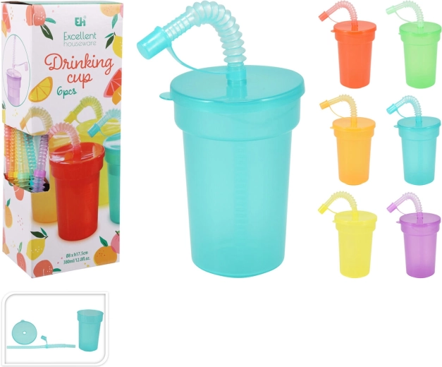 Vaso de plástico con tapa y pajita 380 ml, mix de colores, set de 6 uds.