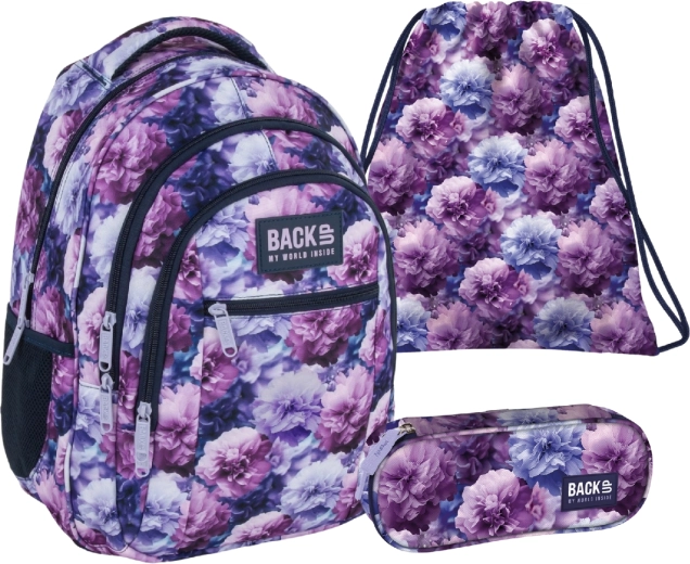 Set escolar BackUP Violet Flowers 3 en 1: mochila, estuche y bolsa