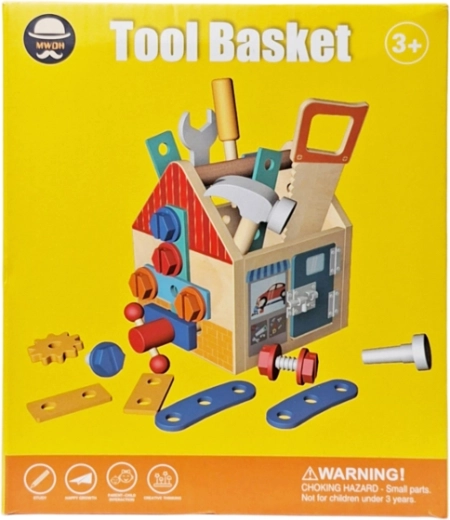 Juego de herramientas de madera en una caja con forma de casita
