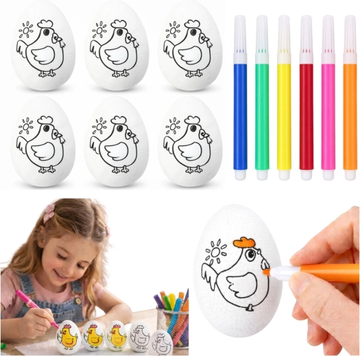 Huevos de poliestireno de Pascua para colorear con rotuladores y motivo de gallina - 6 unidades