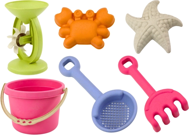 Set pastel de juguetes de arena con cubo, molino, tamiz y moldes