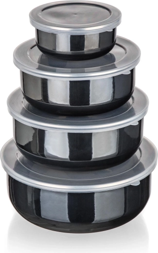 Juego de cuencos esmaltados con tapas METALIC Black, 8 piezas