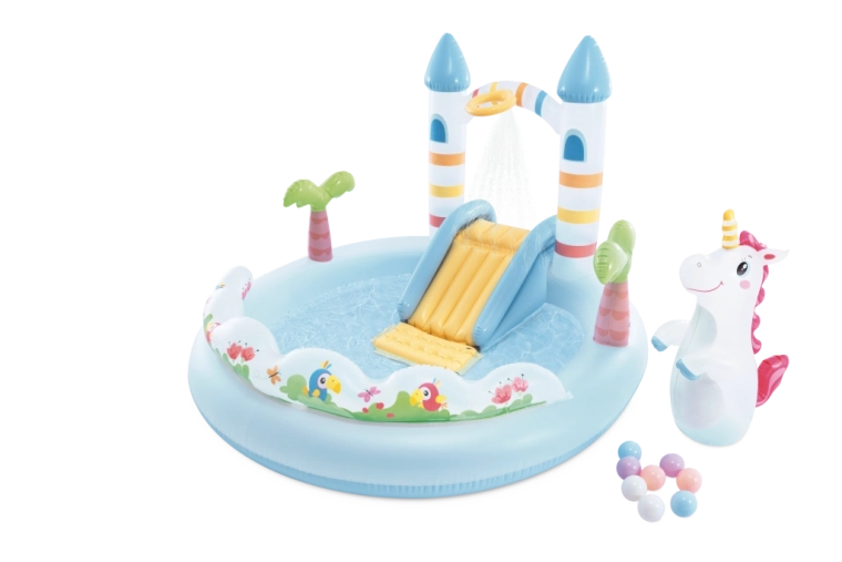 Centro de juegos inflable Castillo de Unicornio con tobogán y ducha de agua