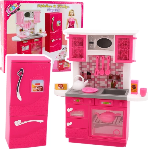 Cocinita rosa con nevera para muñecas de 29 cm