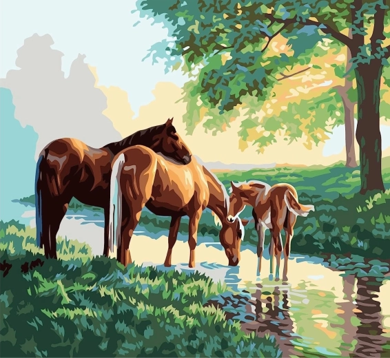 Pintura por números Familia de caballos junto al arroyo 40 × 50 cm