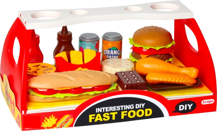 Set de comida rápida: hamburguesa y baguette con complementos