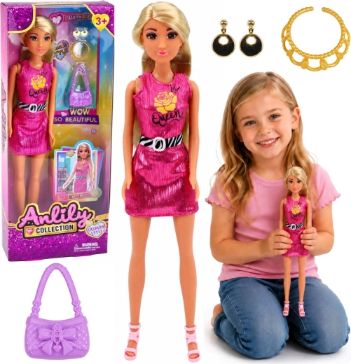 Muñeca de moda Anlily con vestido rosa, bolso y joyería 30 cm