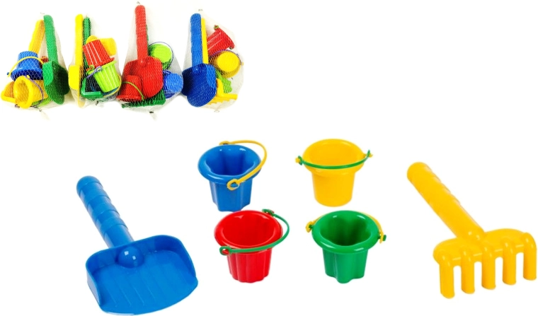 Set de arena L con pala, rastrillo y mini cubos