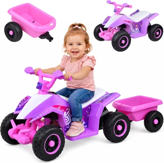 Cuatrimoto eléctrica infantil a batería con remolque y efectos luminosos – Rosa